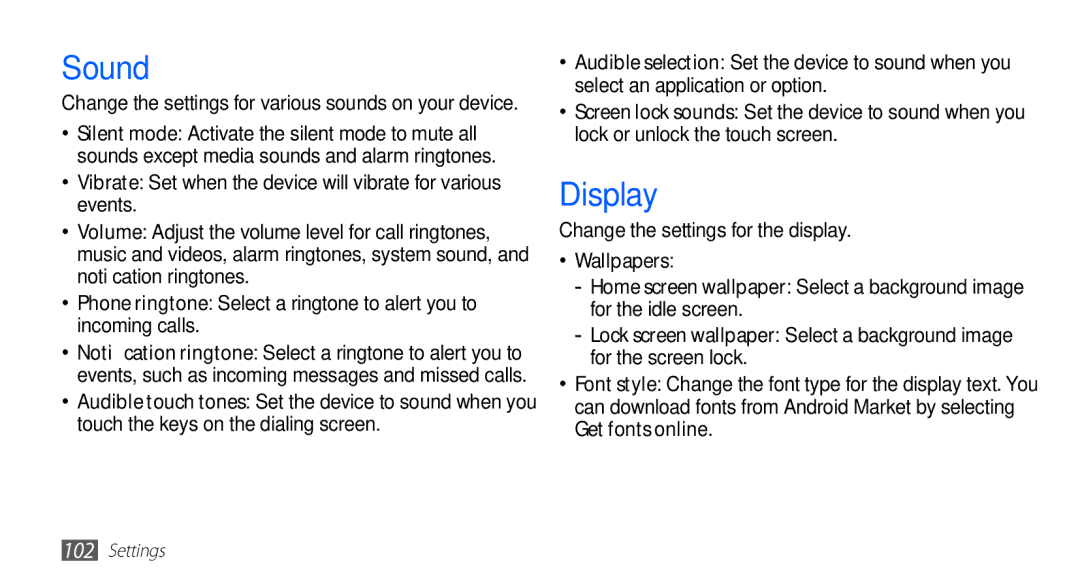 Samsung GT-S5670HKAXEV, GT-S5670HKAECT manual Sound, Display, Vibrate Set when the device will vibrate for various events 