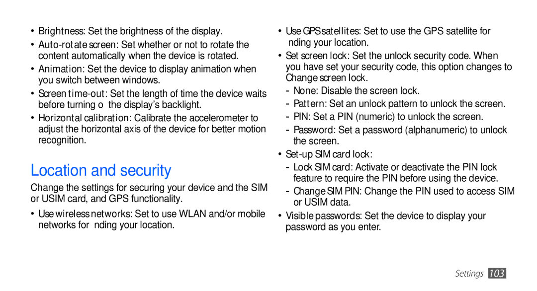 Samsung GT-S5670HKAXXV manual Location and security, Brightness Set the brightness of the display, Set-up SIM card lock 