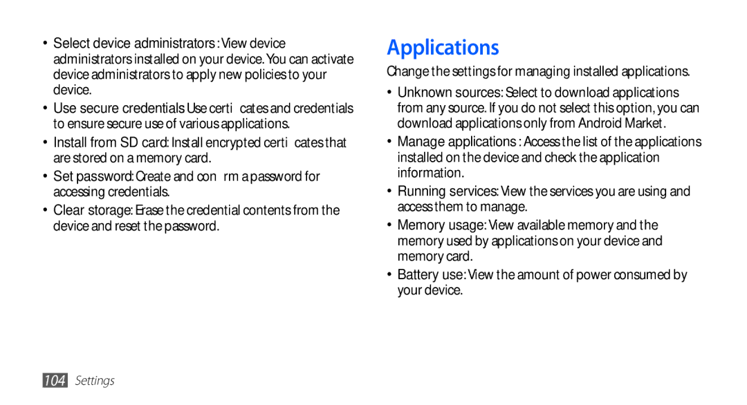 Samsung GT-S5670PWAXEV, GT-S5670HKAECT manual Applications, Change the settings for managing installed applications 