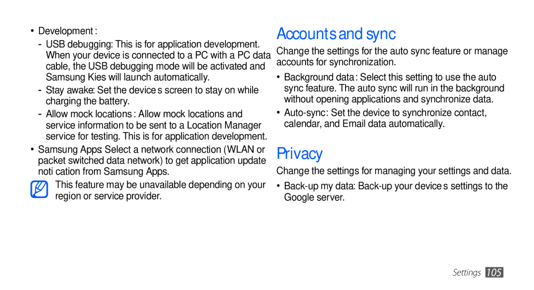 Samsung GT-S5670HKAECT, GT-S5670HKATHR, GT-S5670PWAKSA, GT-S5670PWATHR manual Accounts and sync, Privacy, Development 