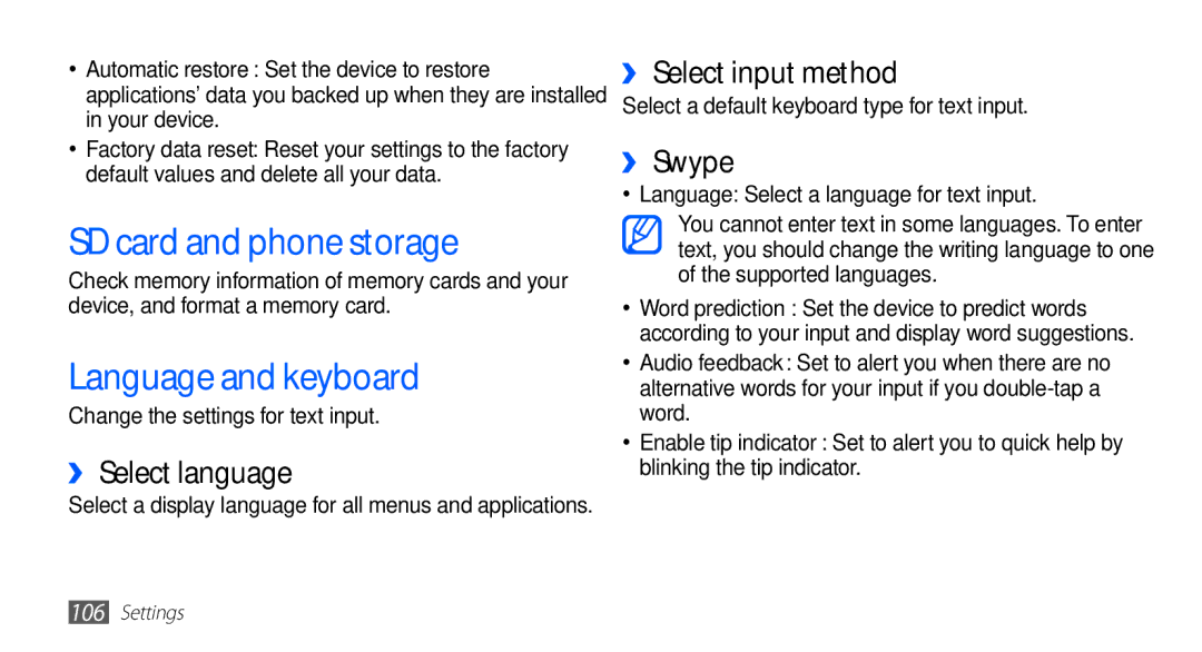 Samsung GT-S5670HKATHR manual SD card and phone storage, Language and keyboard, ›› Select language, ›› Select input method 