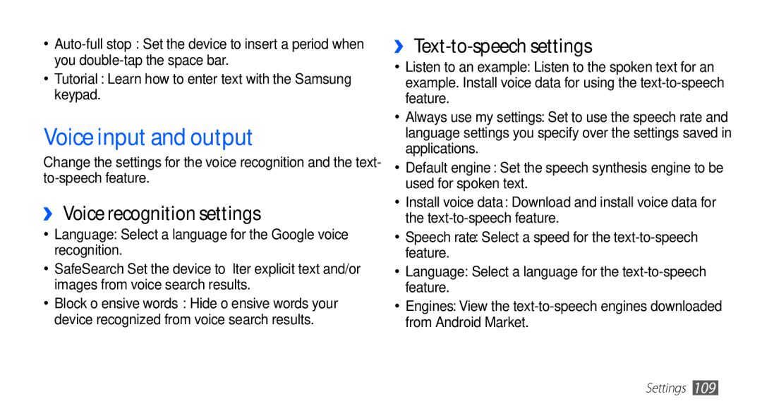 Samsung GT-S5670HKAJED, GT-S5670HKAECT Voice input and output, ›› Voice recognition settings, ›› Text-to-speech settings 