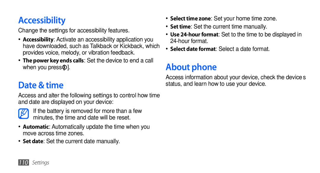 Samsung GT-S5670HKAKSA manual Accessibility, Date & time, About phone, Change the settings for accessibility features 