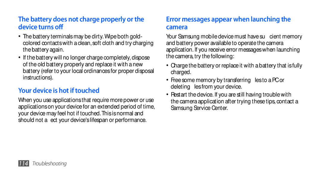 Samsung GT-S5670HKAAFR manual Battery does not charge properly or the device turns off, Your device is hot if touched 