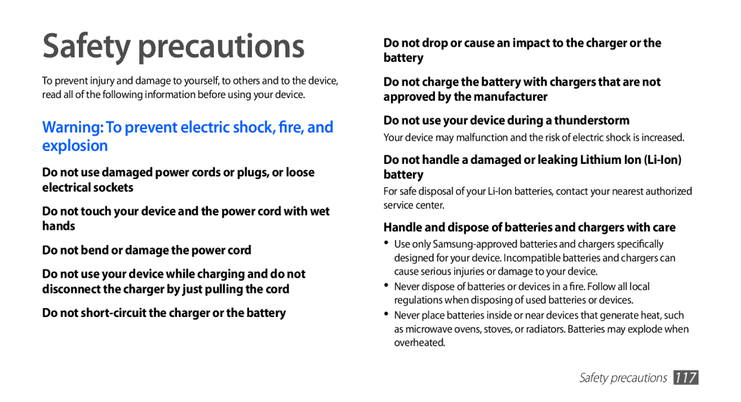 Samsung GT-S5670PWAEGY, GT-S5670HKAECT manual Safety precautions, Handle and dispose of batteries and chargers with care 