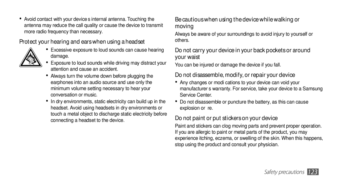 Samsung GT-S5670HKAXEV, GT-S5670HKAECT, GT-S5670HKATHR manual Be cautious when using the device while walking or moving 