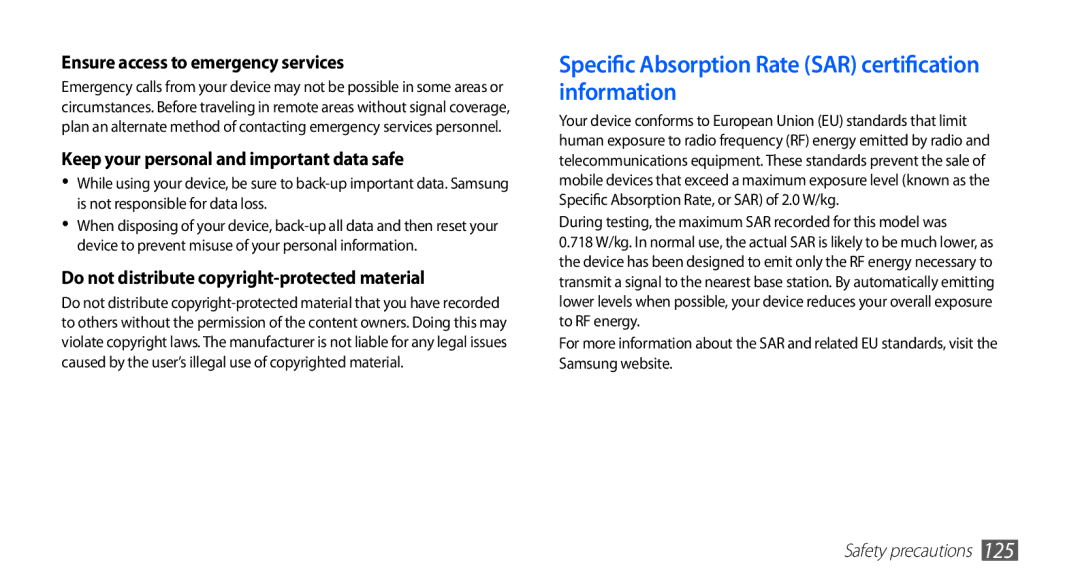 Samsung GT-S5670PWAXEV manual Specific Absorption Rate SAR certification information, Ensure access to emergency services 