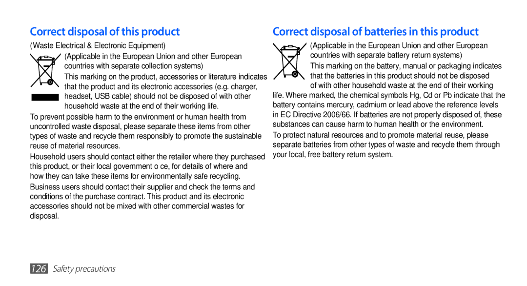 Samsung GT-S5670HKAECT, GT-S5670HKATHR Correct disposal of this product, Correct disposal of batteries in this product 