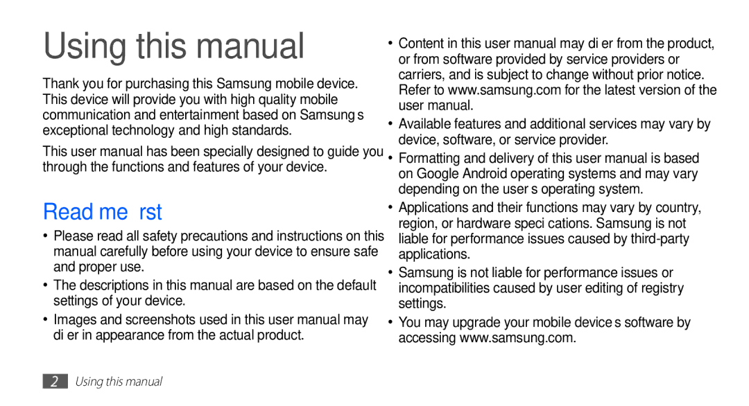 Samsung GT-S5670PWAKSA, GT-S5670HKAECT, GT-S5670HKATHR, GT-S5670PWATHR, GT-S5670HKAJED Using this manual, Read me first 