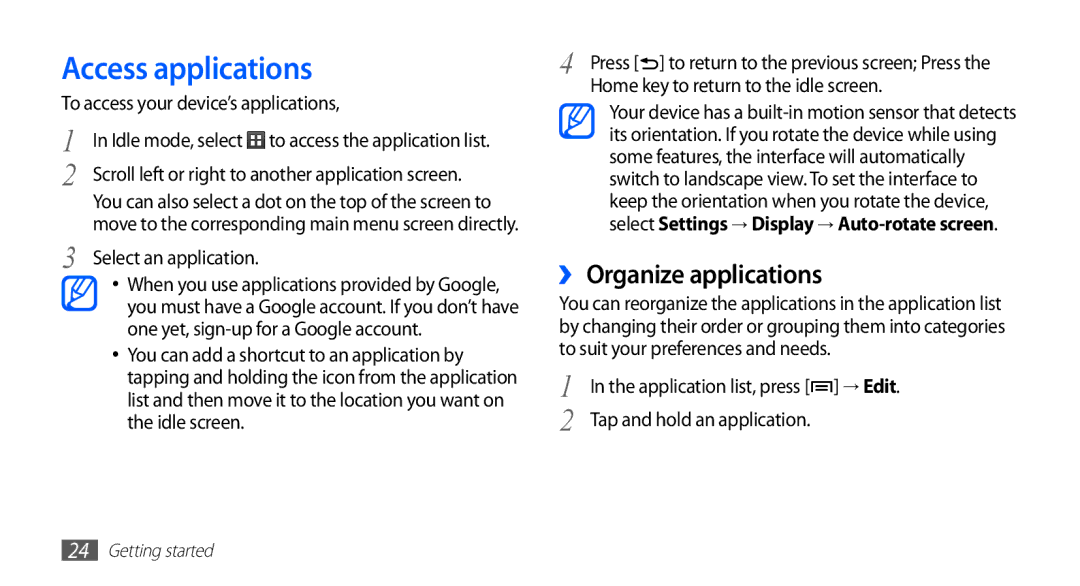 Samsung GT-S5670PWATHR, GT-S5670HKAECT Access applications, ›› Organize applications, To access your device’s applications 