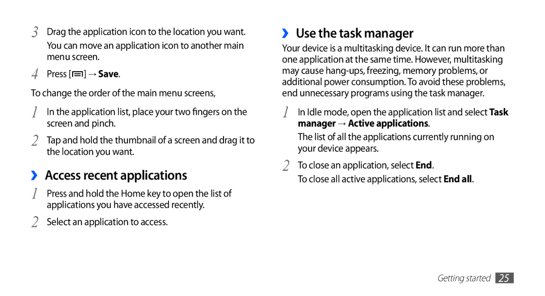 Samsung GT-S5670HKAJED manual ›› Access recent applications, ›› Use the task manager, Manager → Active applications 