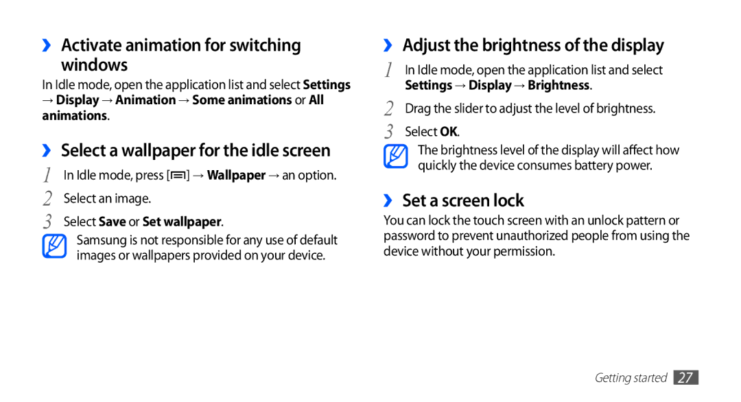 Samsung GT-S5670HKAXSS manual ›› Activate animation for switching Windows, ›› Adjust the brightness of the display 