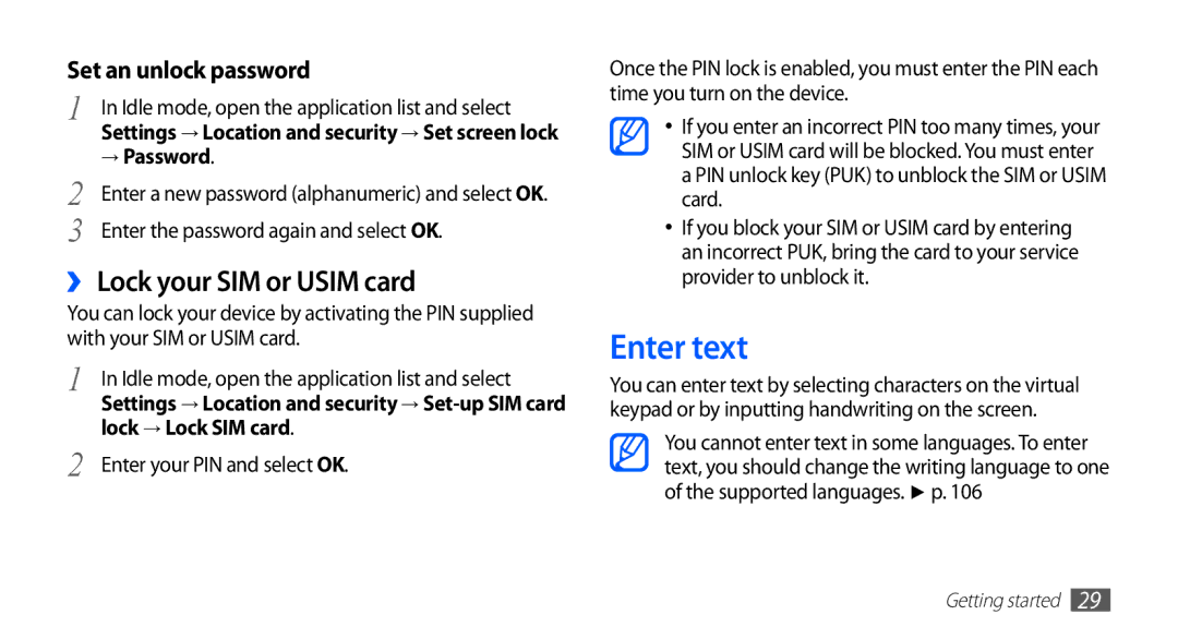 Samsung GT-S5670HKAMID, GT-S5670HKAECT, GT-S5670HKATHR, GT-S5670PWAKSA manual Enter text, ›› Lock your SIM or Usim card 