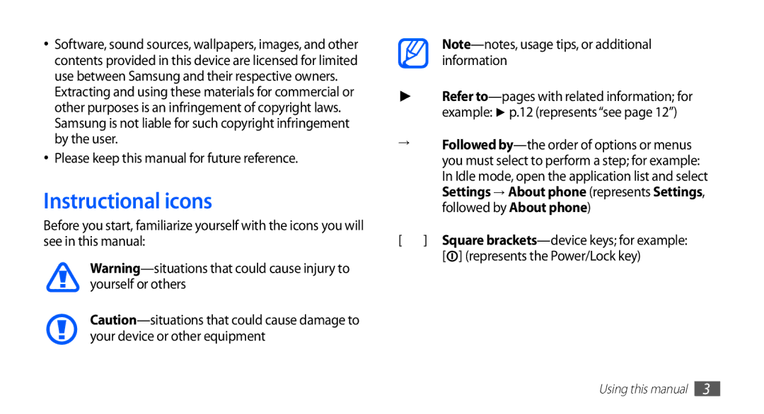 Samsung GT-S5670PWATHR, GT-S5670HKAECT, GT-S5670HKATHR Instructional icons, Please keep this manual for future reference 