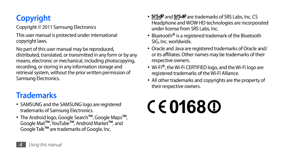 Samsung GT-S5670HKAJED, GT-S5670HKAECT, GT-S5670HKATHR, GT-S5670PWAKSA Trademarks, Copyright 2011 Samsung Electronics 