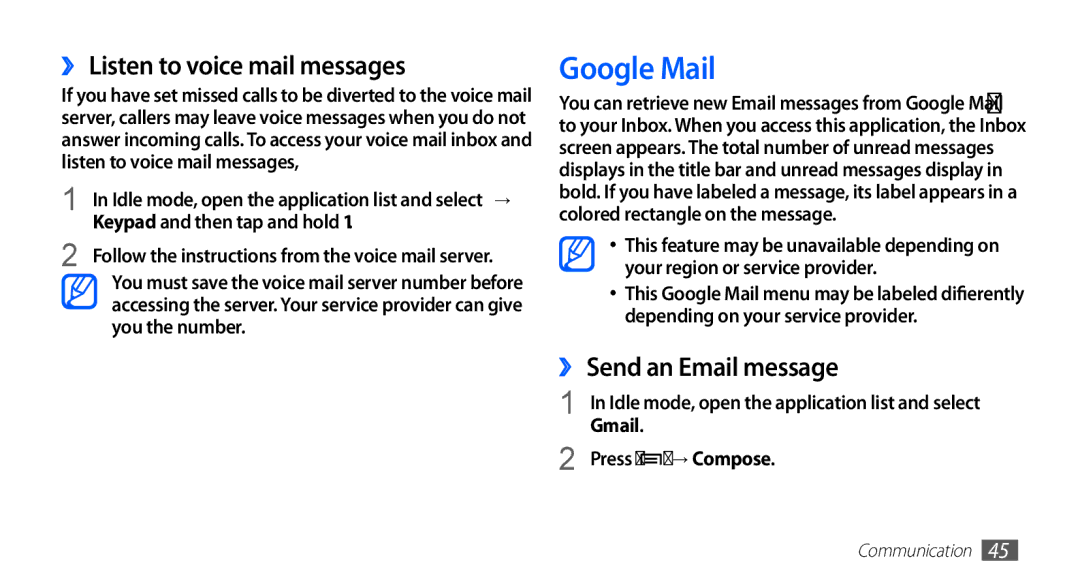 Samsung GT-S5670PWATHR, GT-S5670HKAECT manual Google Mail, ›› Listen to voice mail messages, ›› Send an Email message, Gmail 