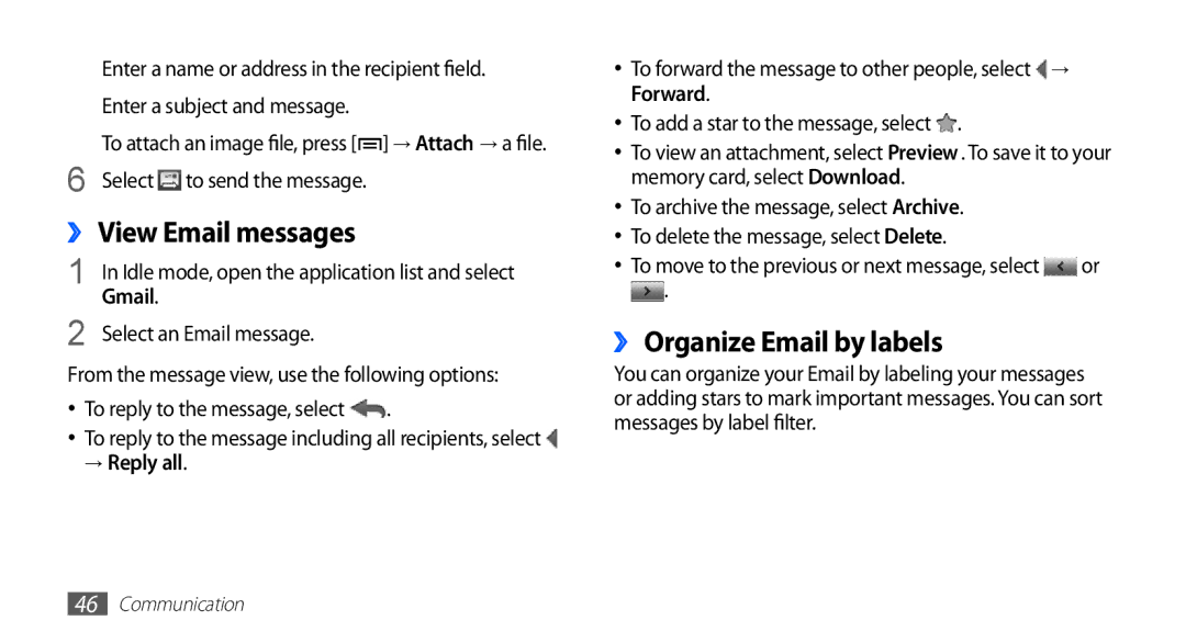 Samsung GT-S5670HKAJED manual ›› View Email messages, ›› Organize Email by labels, Select an Email message, → Reply all 