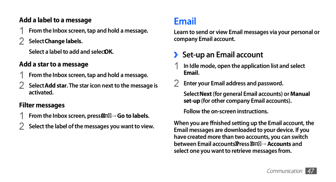 Samsung GT-S5670HKAKSA, GT-S5670HKAECT, GT-S5670HKATHR, GT-S5670PWAKSA manual ›› Set-up an Email account, Select Change labels 