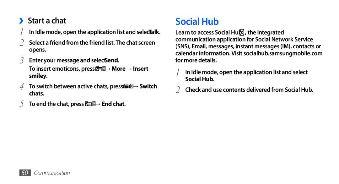 Samsung GT-S5670HKAMID, GT-S5670HKAECT, GT-S5670HKATHR, GT-S5670PWAKSA manual Social Hub, ›› Start a chat, Smiley, Chats 