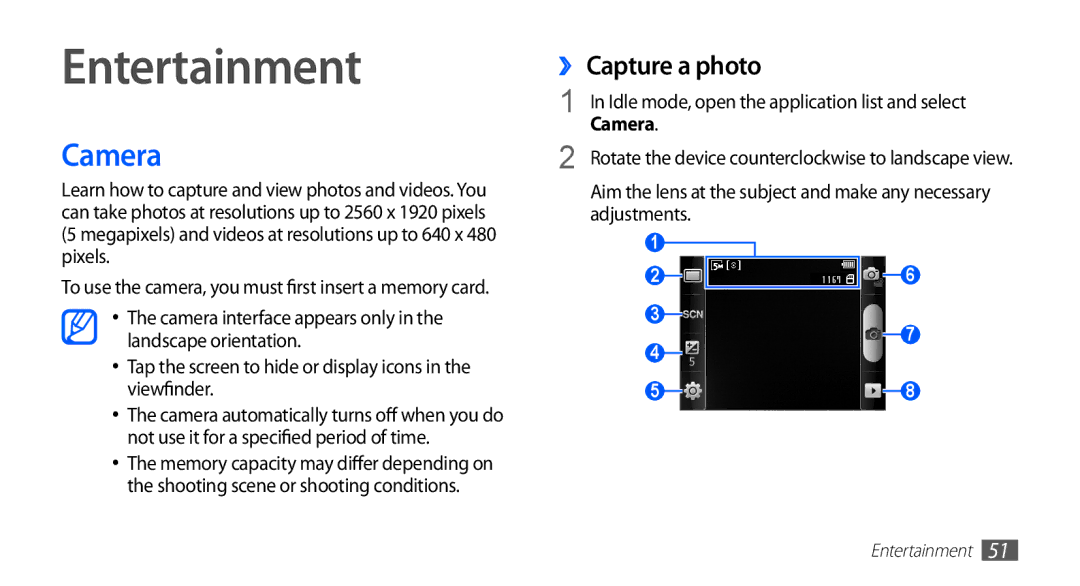 Samsung GT-S5670HKAAFR, GT-S5670HKAECT, GT-S5670HKATHR, GT-S5670PWAKSA manual Entertainment, Camera, ›› Capture a photo 