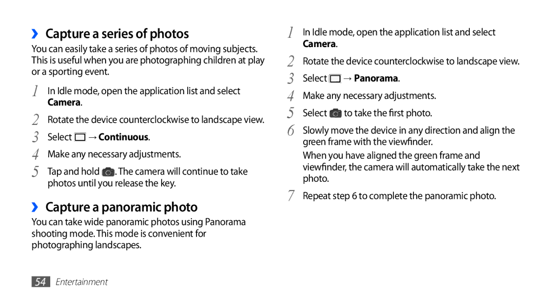 Samsung GT-S5670PWAEGY, GT-S5670HKAECT manual ›› Capture a series of photos, ›› Capture a panoramic photo, → Panorama 