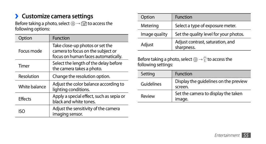 Samsung GT-S5670HKASKZ, GT-S5670HKAECT, GT-S5670HKATHR, GT-S5670PWAKSA, GT-S5670PWATHR manual ›› Customize camera settings 