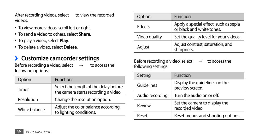 Samsung GT-S5670PWAJED, GT-S5670HKAECT, GT-S5670HKATHR, GT-S5670PWAKSA, GT-S5670PWATHR manual ›› Customize camcorder settings 