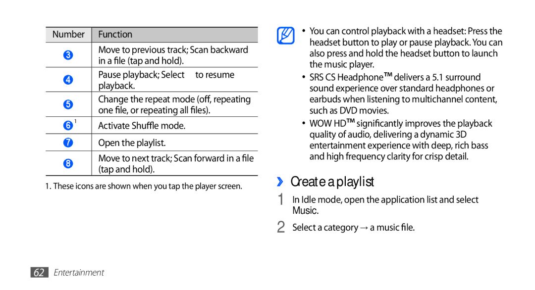 Samsung GT-S5670PWAXEV ›› Create a playlist, Pause playback Select to resume playback, Select a category → a music file 