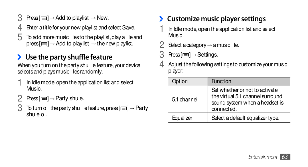 Samsung GT-S5670HKAECT manual ›› Use the party shuffle feature, ›› Customize music player settings, → Add to playlist → New 