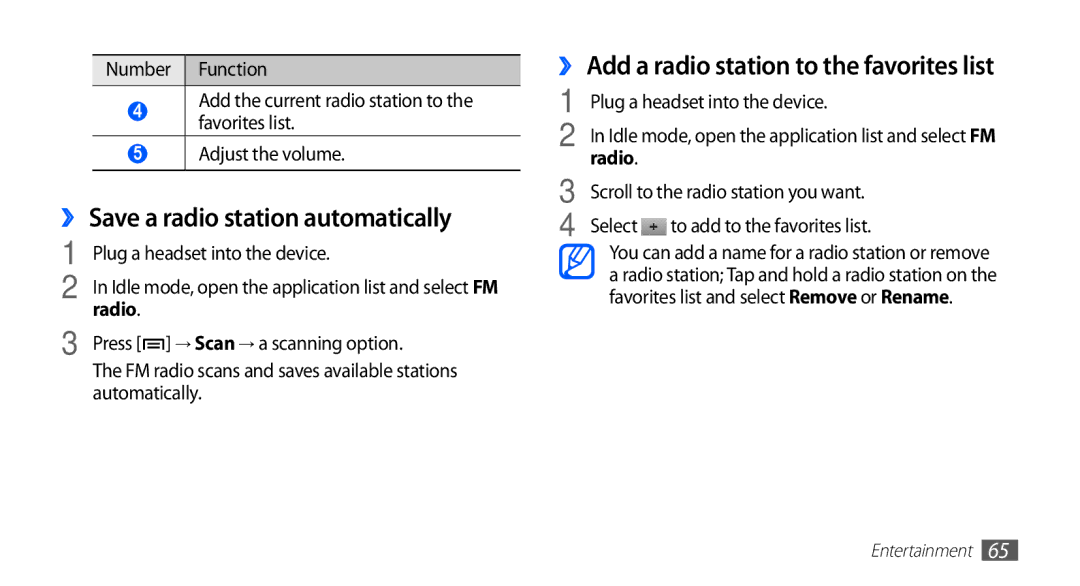 Samsung GT-S5670PWAKSA, GT-S5670HKAECT ›› Save a radio station automatically, ›› Add a radio station to the favorites list 