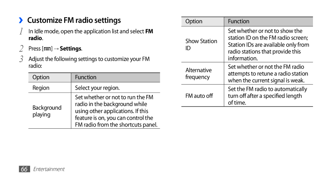 Samsung GT-S5670PWATHR, GT-S5670HKAECT, GT-S5670HKATHR, GT-S5670PWAKSA manual ›› Customize FM radio settings, → Settings 