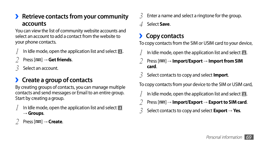 Samsung GT-S5670HKAXSS, GT-S5670HKAECT manual Accounts, ›› Create a group of contacts, ›› Copy contacts, → Groups, Card 