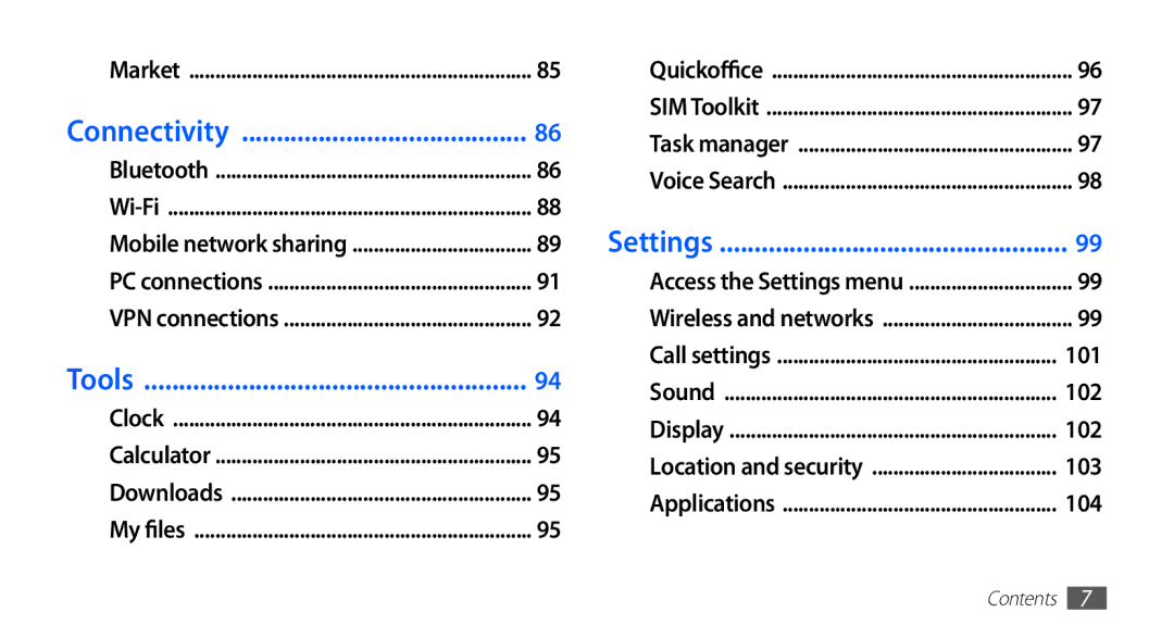 Samsung GT-S5670HKAEGY, GT-S5670HKAECT, GT-S5670HKATHR, GT-S5670PWAKSA, GT-S5670PWATHR manual Connectivity, Tools, Settings 