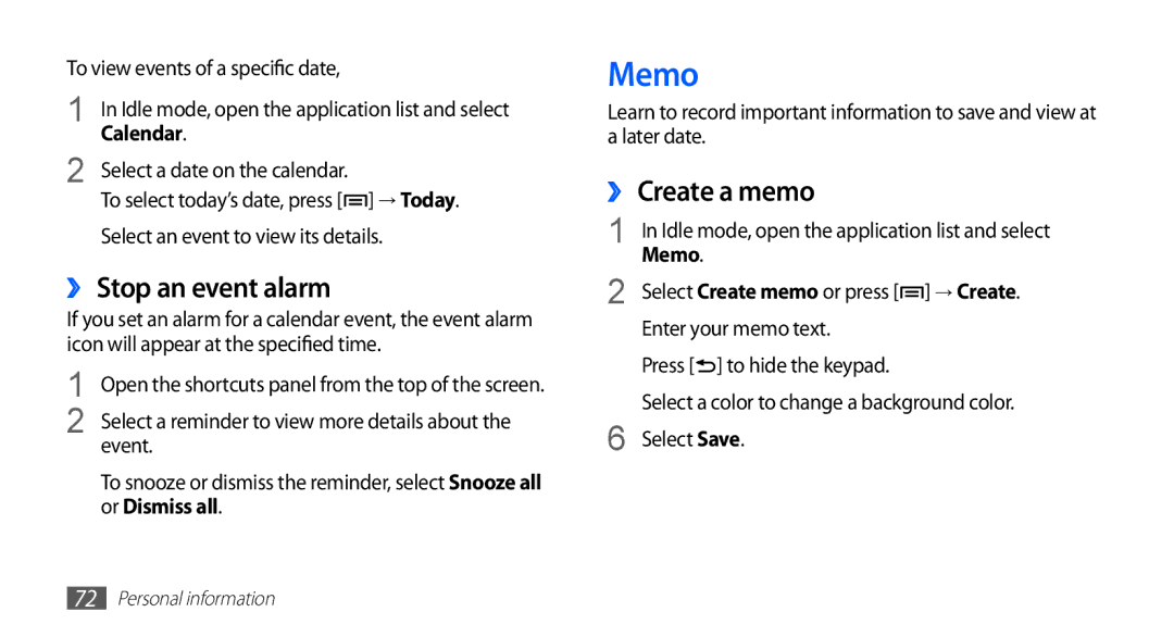 Samsung GT-S5670HKAAFR, GT-S5670HKAECT, GT-S5670HKATHR manual Memo, ›› Stop an event alarm, ›› Create a memo, Or Dismiss all 