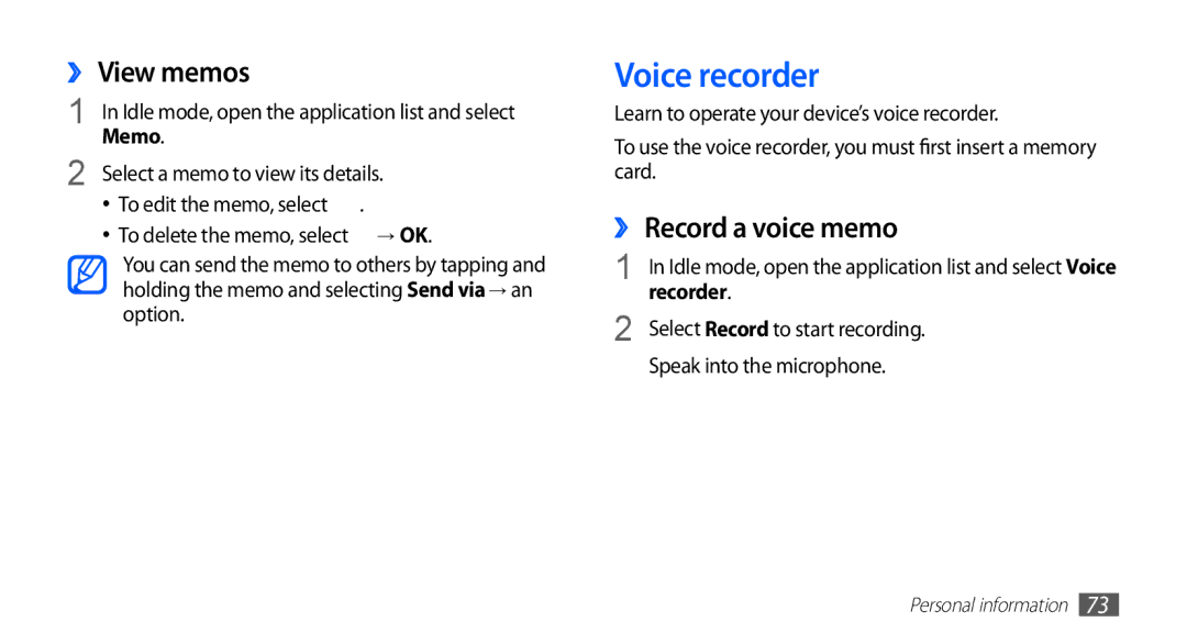 Samsung GT-S5670HKAXSG, GT-S5670HKAECT manual Voice recorder, ›› View memos, ›› Record a voice memo, Memo, Recorder 