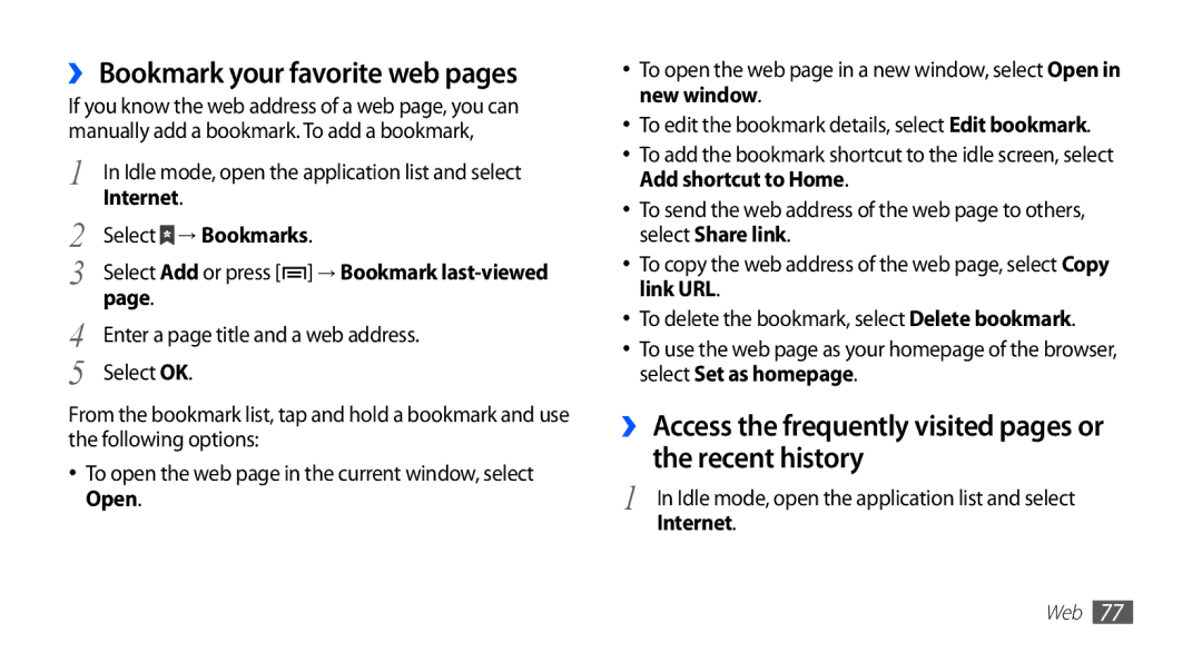 Samsung GT-S5670HKAABS manual ›› Bookmark your favorite web pages, Select → Bookmarks, Enter a page title and a web address 