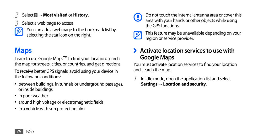 Samsung GT-S5670PWAABS manual ›› Activate location services to use with Google Maps, Select a web page to access 