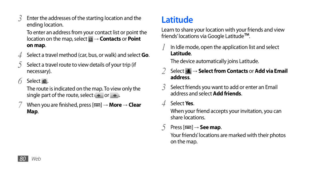 Samsung GT-S5670PWAXXV, GT-S5670HKAECT manual Ending location, On map, Necessary, Single part of the route, select or, Map 