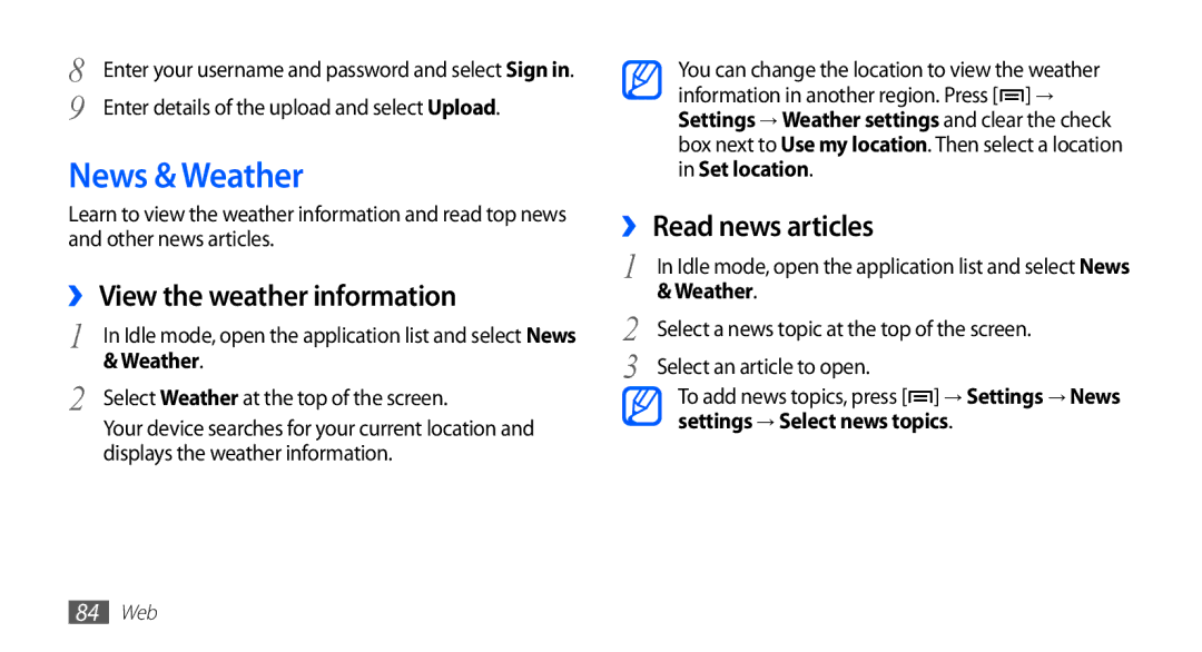 Samsung GT-S5670HKAECT manual News & Weather, ›› View the weather information, ›› Read news articles, Set location 