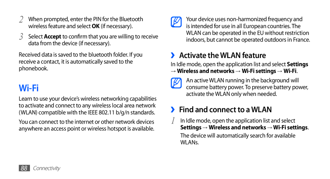 Samsung GT-S5670HKAJED, GT-S5670HKAECT, GT-S5670HKATHR Wi-Fi, ›› Activate the Wlan feature, ›› Find and connect to a Wlan 