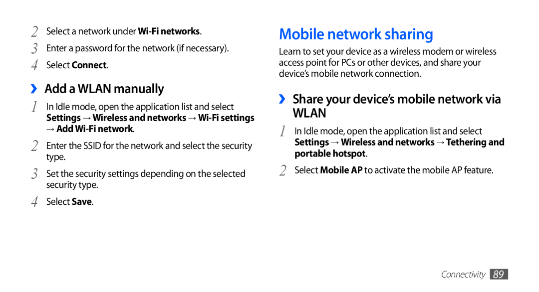 Samsung GT-S5670HKAKSA Mobile network sharing, ›› Add a Wlan manually, → Add Wi-Fi network, Portable hotspot 