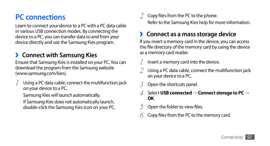 Samsung GT-S5670HKAEGY, GT-S5670HKAECT PC connections, ›› Connect with Samsung Kies, ›› Connect as a mass storage device 