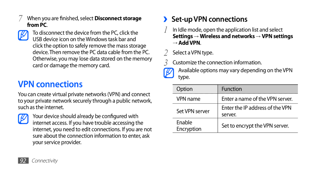 Samsung GT-S5670HKAMID, GT-S5670HKAECT, GT-S5670HKATHR, GT-S5670PWAKSA ›› Set-up VPN connections, From PC, → Add VPN 