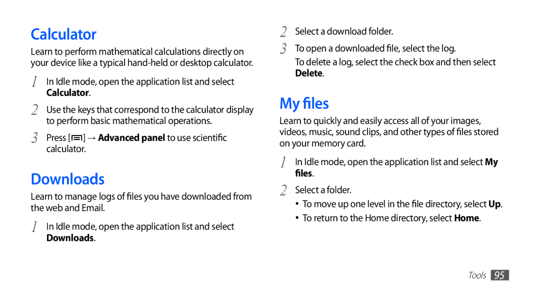 Samsung GT-S5670PWAAFR, GT-S5670HKAECT, GT-S5670HKATHR, GT-S5670PWAKSA, GT-S5670PWATHR Calculator, Downloads, My files, Files 