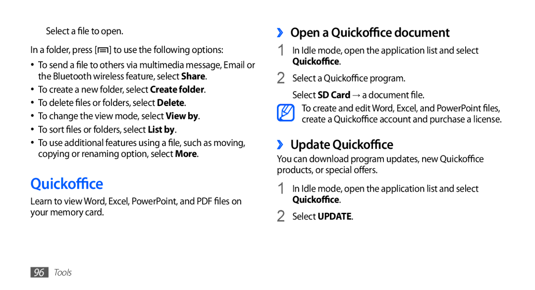 Samsung GT-S5670PWAEGY, GT-S5670HKAECT, GT-S5670HKATHR manual ›› Open a Quickoffice document, ›› Update Quickoffice 