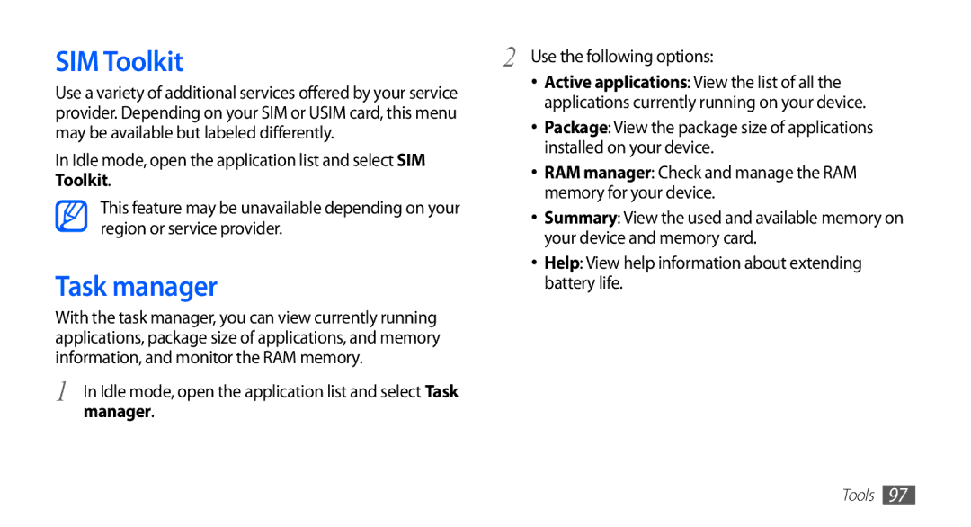 Samsung GT-S5670HKASKZ, GT-S5670HKAECT, GT-S5670HKATHR, GT-S5670PWAKSA, GT-S5670PWATHR SIM Toolkit, Task manager, Manager 