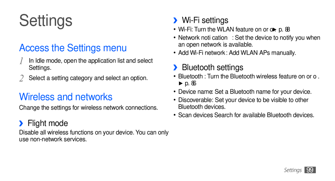 Samsung GT-S5670PWAABS, GT-S5670HKAECT, GT-S5670HKATHR, GT-S5670PWAKSA Access the Settings menu, Wireless and networks 