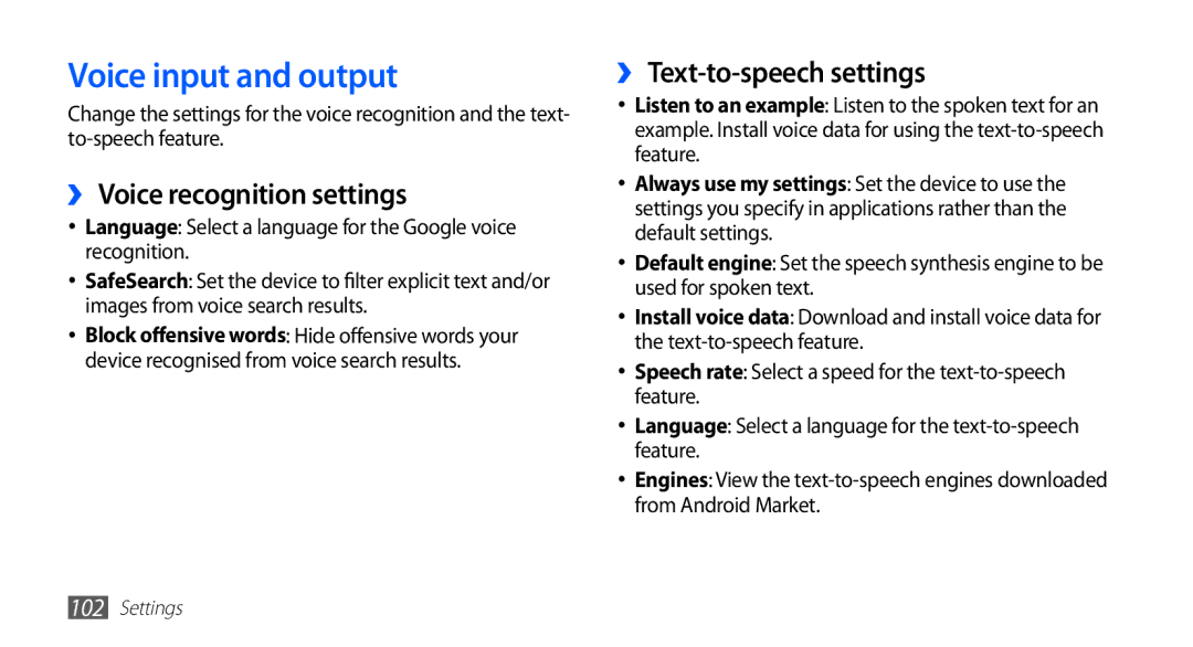 Samsung GT-S5670HKAXEV, GT-S5670HKAECT Voice input and output, ›› Voice recognition settings, ›› Text-to-speech settings 