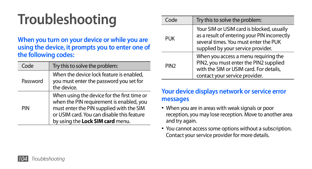 Samsung GT-S5670PWAXEV, GT-S5670HKAECT manual Troubleshooting, Your device displays network or service error messages 