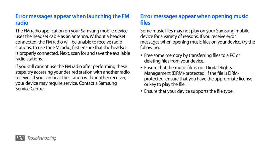 Samsung GT-S5670PWATHR Error messages appear when launching the FM radio, Error messages appear when opening music files 